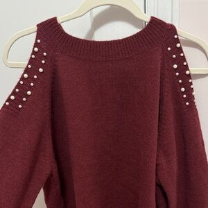 Cupshe Burgundy Off-the-Shoulder Sweater with Pearl Details